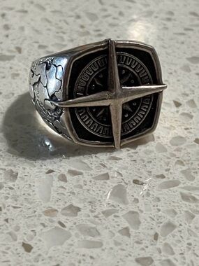 Sterling Silver Compass Cross Men's Ring - Black and Silver